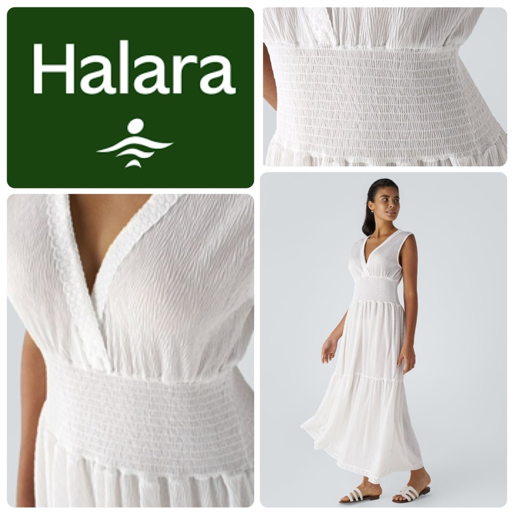 HALARA White V Neck Sleeveless Appliques Shirred Flowy Flare Maxi Casual Dress